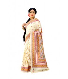 Glorious Cream Colour Gujrati Handwork Silk Saree DSC0400